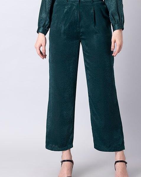 Bottle Green Satin Straight Trousers
