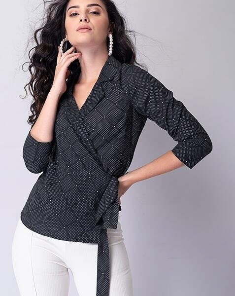 Black Polka Dot Lapel Collar Wrap Shirt