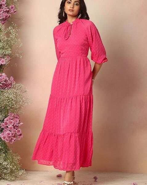 Hot Pink Neck Tie Up Tiered Maxi Dress